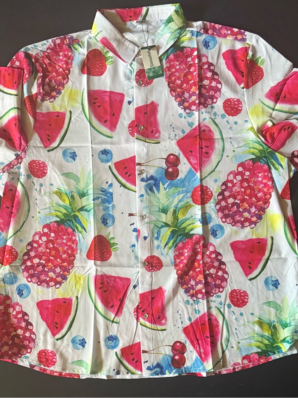 Tropical Fruit Print Button-Up Shirt - White with Pink & Green